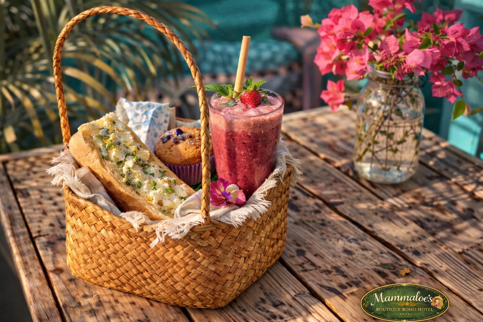 Tropical fresh breakfast picnic basket with smoothie at Mammaloe’s Aruba