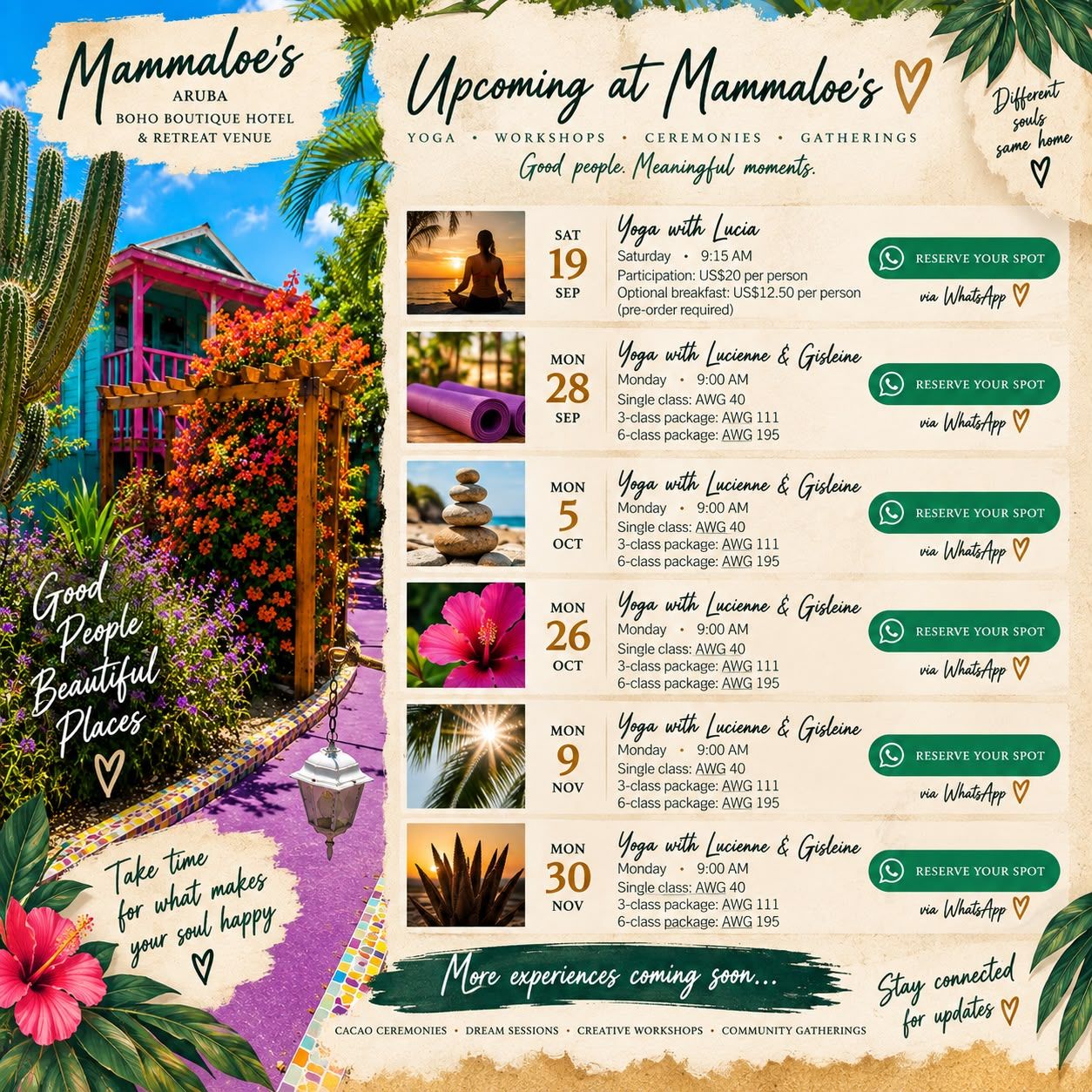 Upcoming Events Agenda — Yoga, Workshops, Ceremonies & Gatherings at Mammaloe’s Aruba